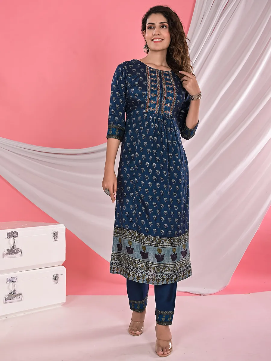 Silk printed casual kurti set in navy