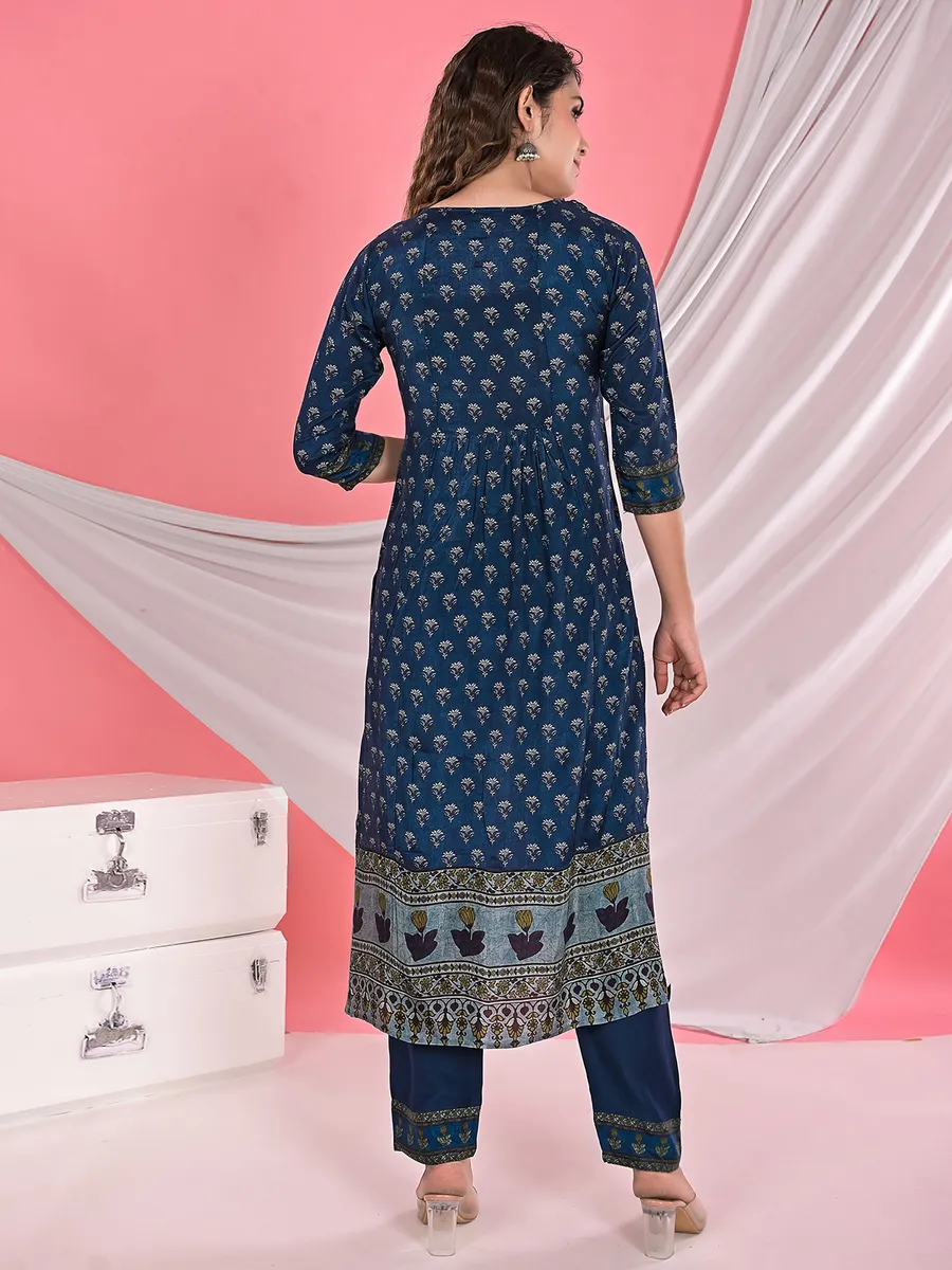 Silk printed casual kurti set in navy