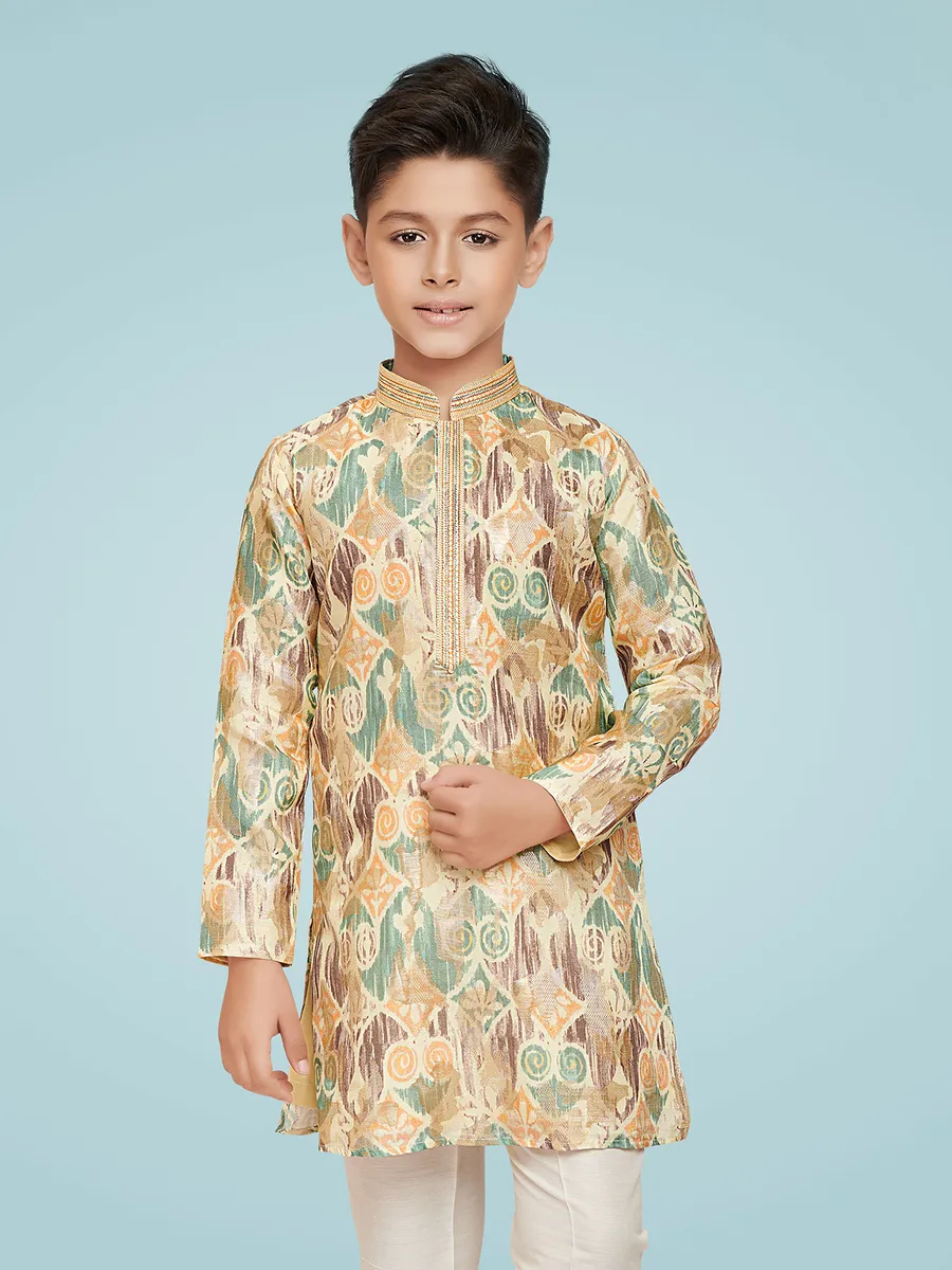 Silk printed cream kurta suit for festive