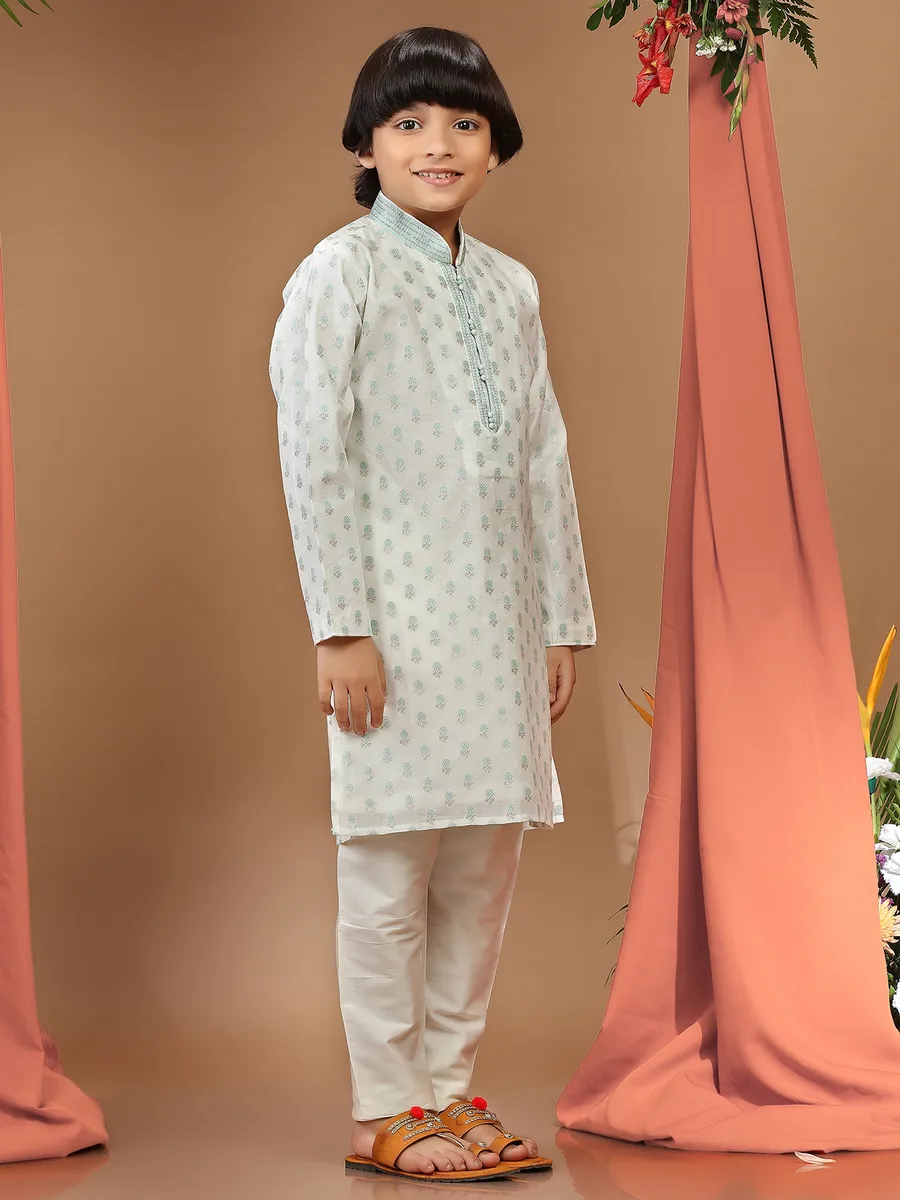 Silk printed festive kurta suit in white
