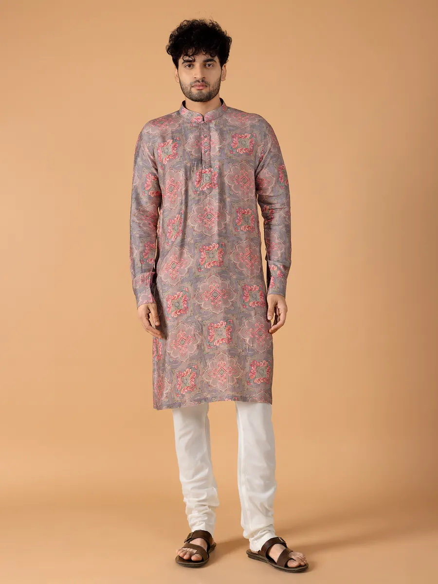 Silk printed grey  Men Kurta pajama for festive