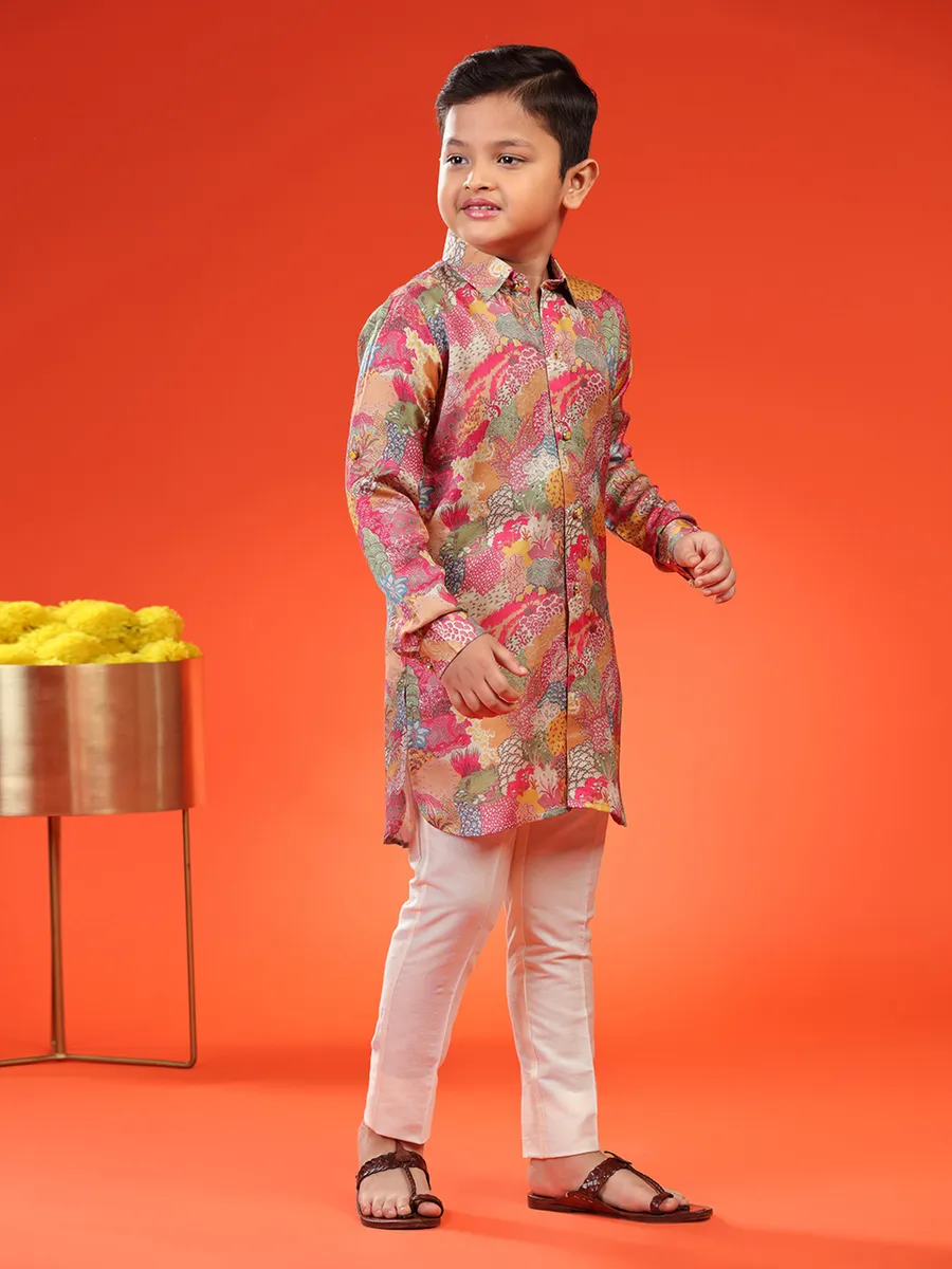 Silk printed kurta suit in multi color