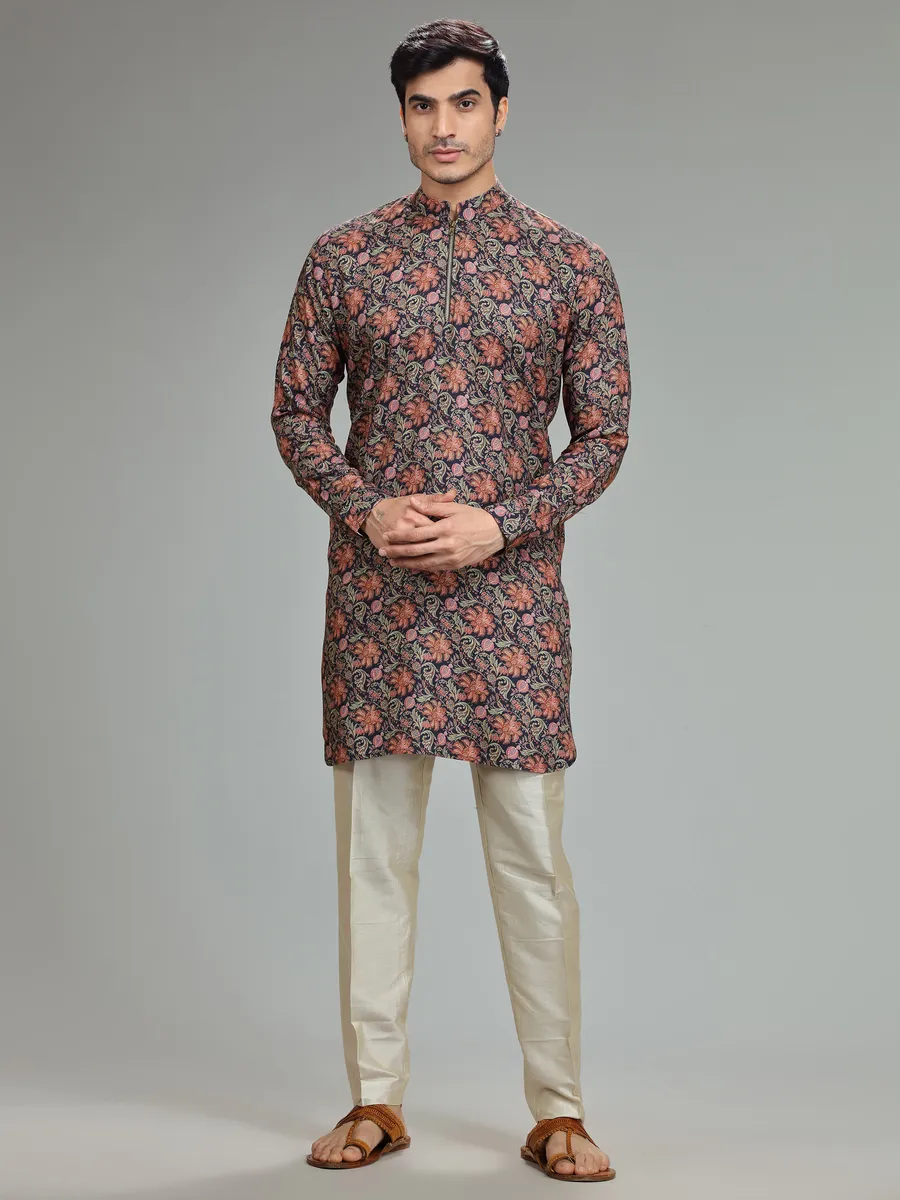 Silk printed kurta suit in navy