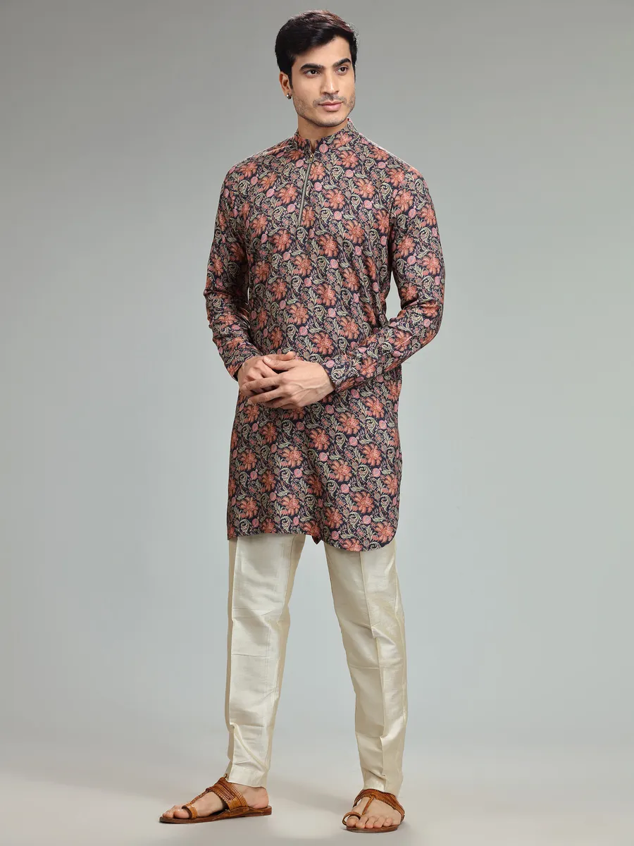 Silk printed kurta suit in navy