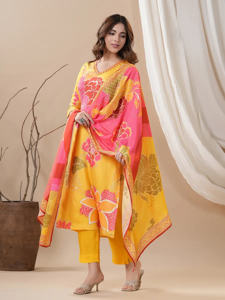 Silk printed kurti set in yellow
