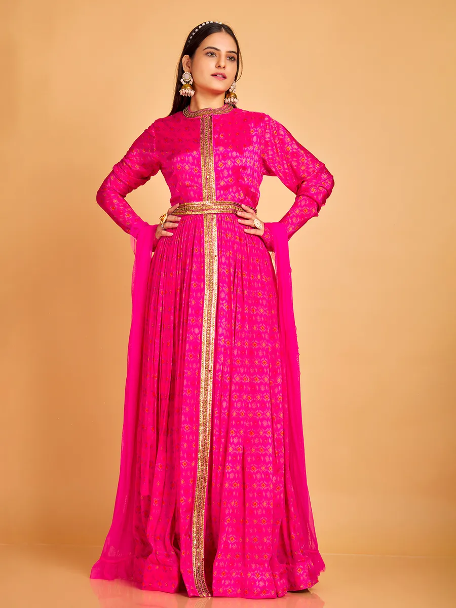 Silk printed magenta floor length suit