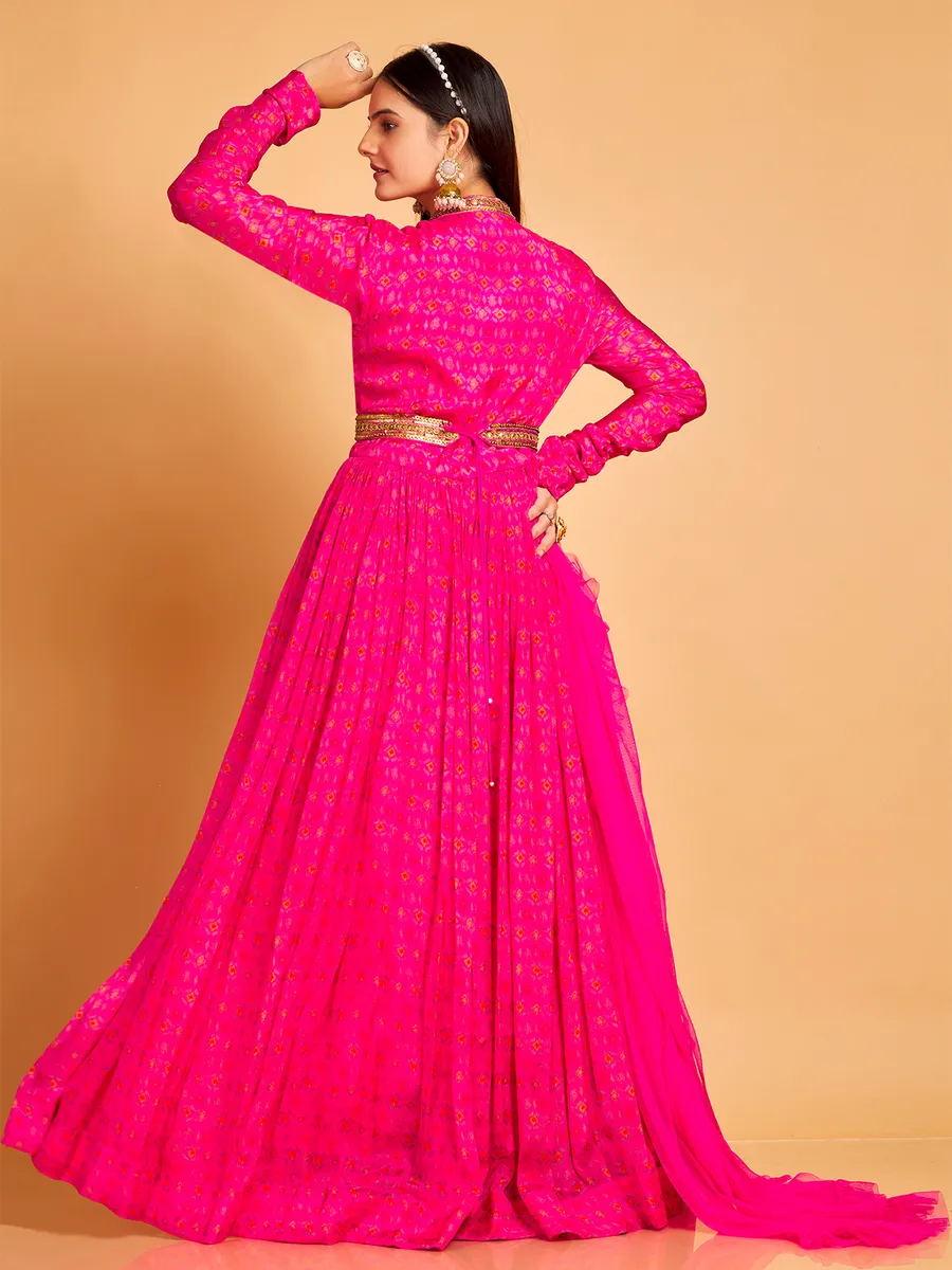 Silk printed magenta floor length suit