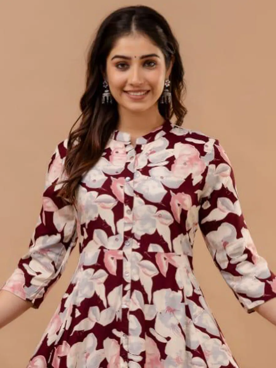 Silk printed maroon women kurti