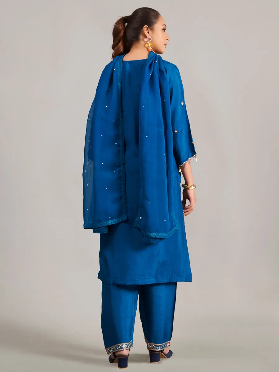 Silk rama blue salwar suit with dupatta