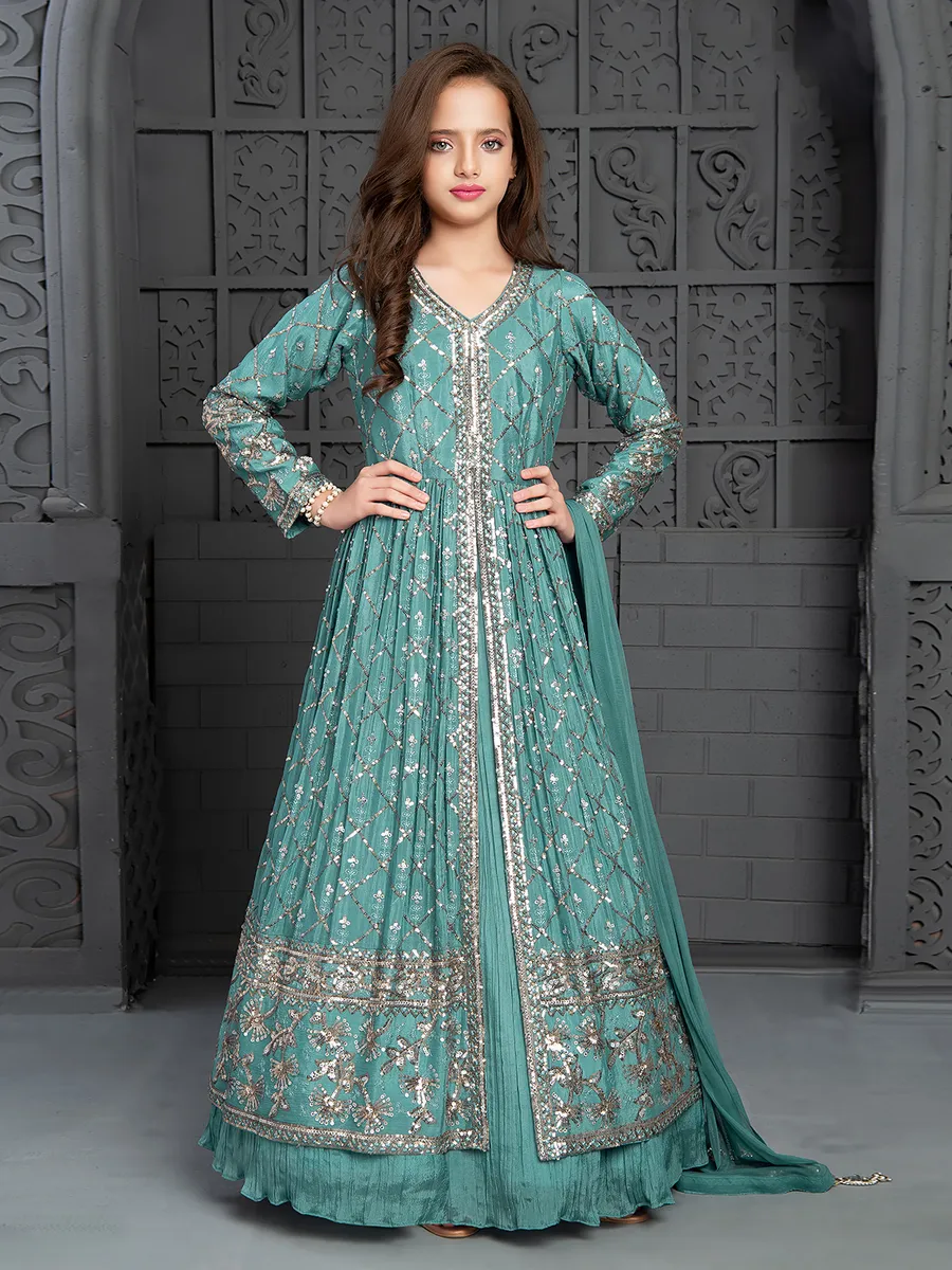 Silk rama green front slit lehenga suit