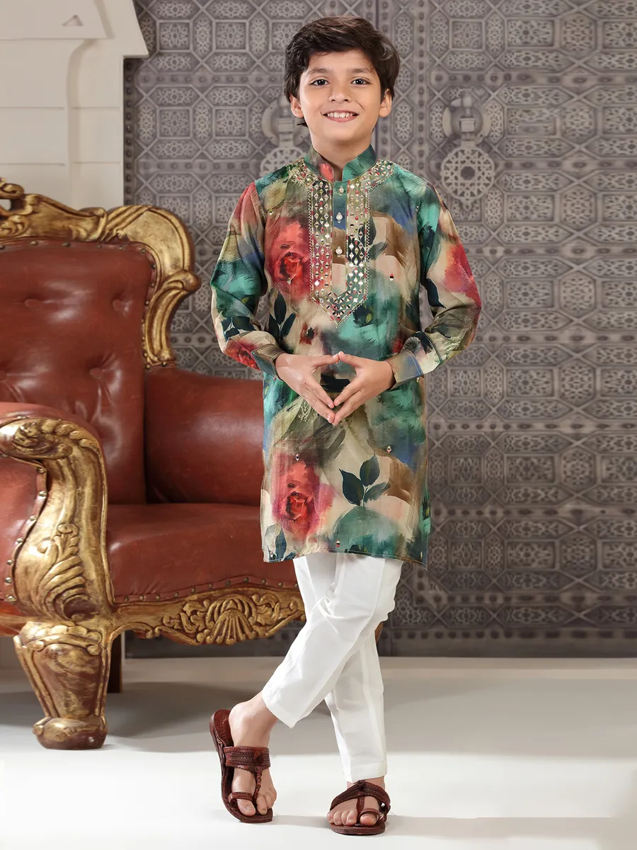 Silk rama green printed kurta suit