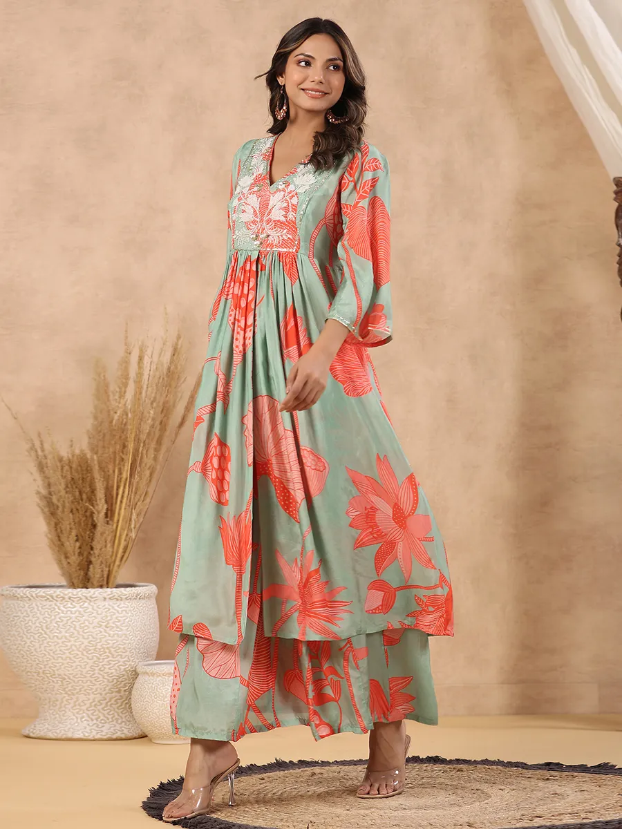 Silk sage green printed palazzo set