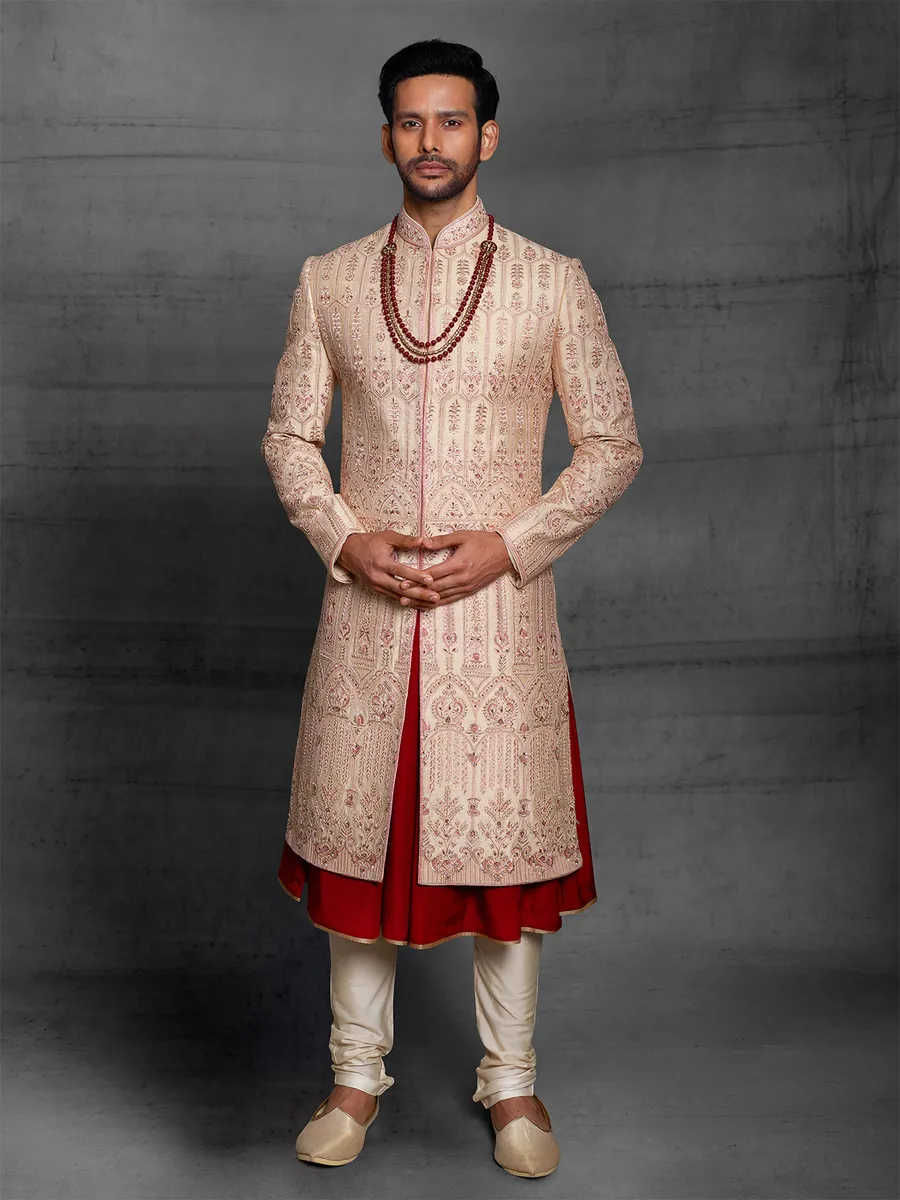 Silk sherwani in peach color for wedding event