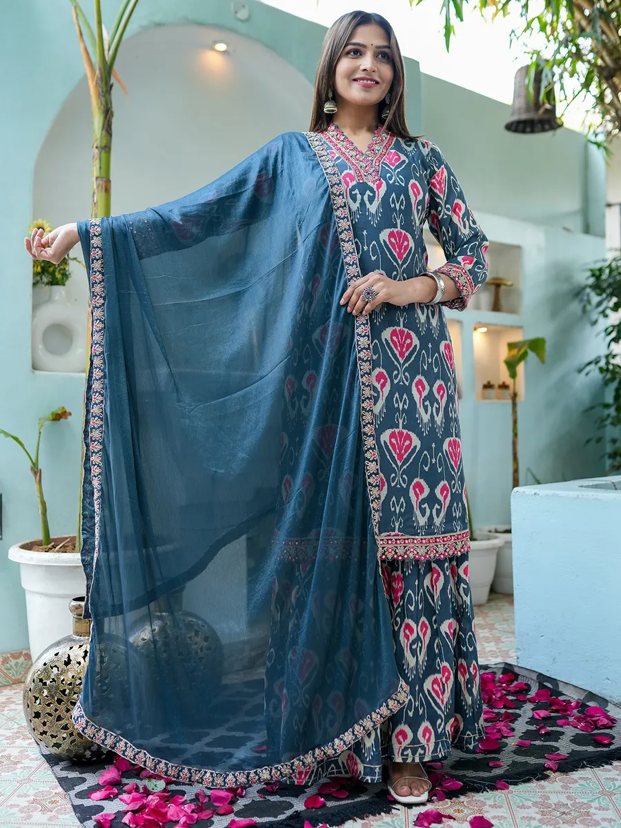 Silk teal blue printed sharara suit