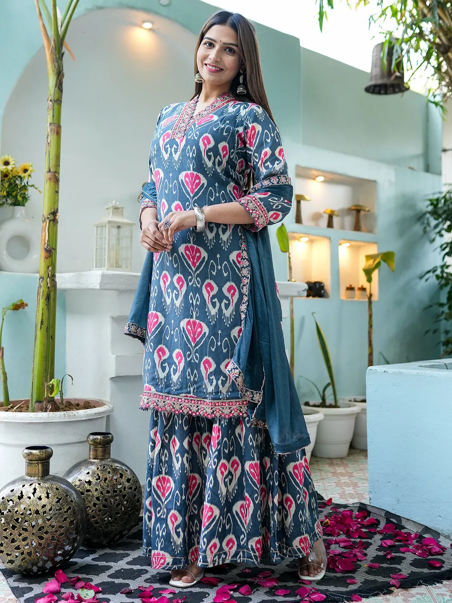 Silk teal blue printed sharara suit