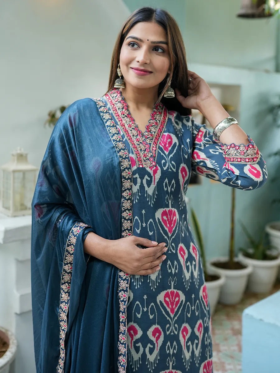 Silk teal blue printed sharara suit