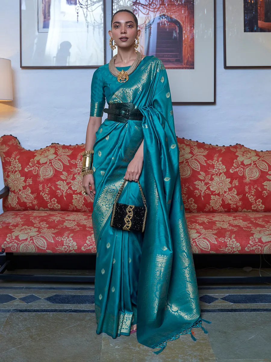 Silk turquoise blue zari weaving saree