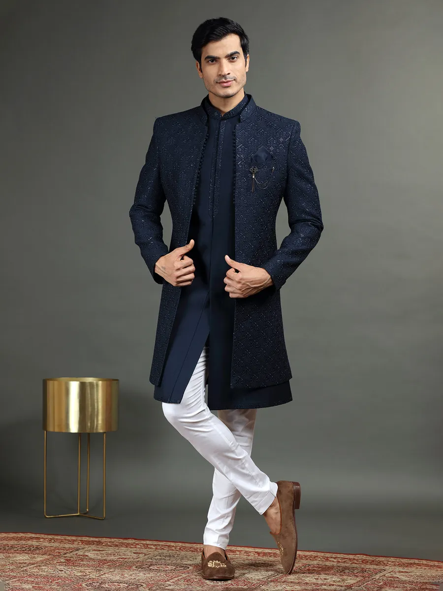 Silk wedding indowestern in navy