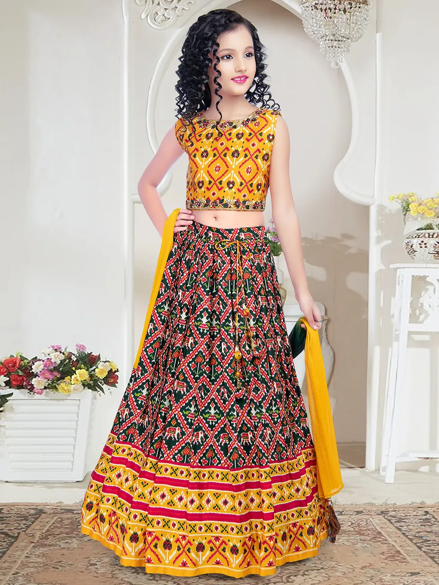 Silk wedding lehenga choli in dark green and yellow