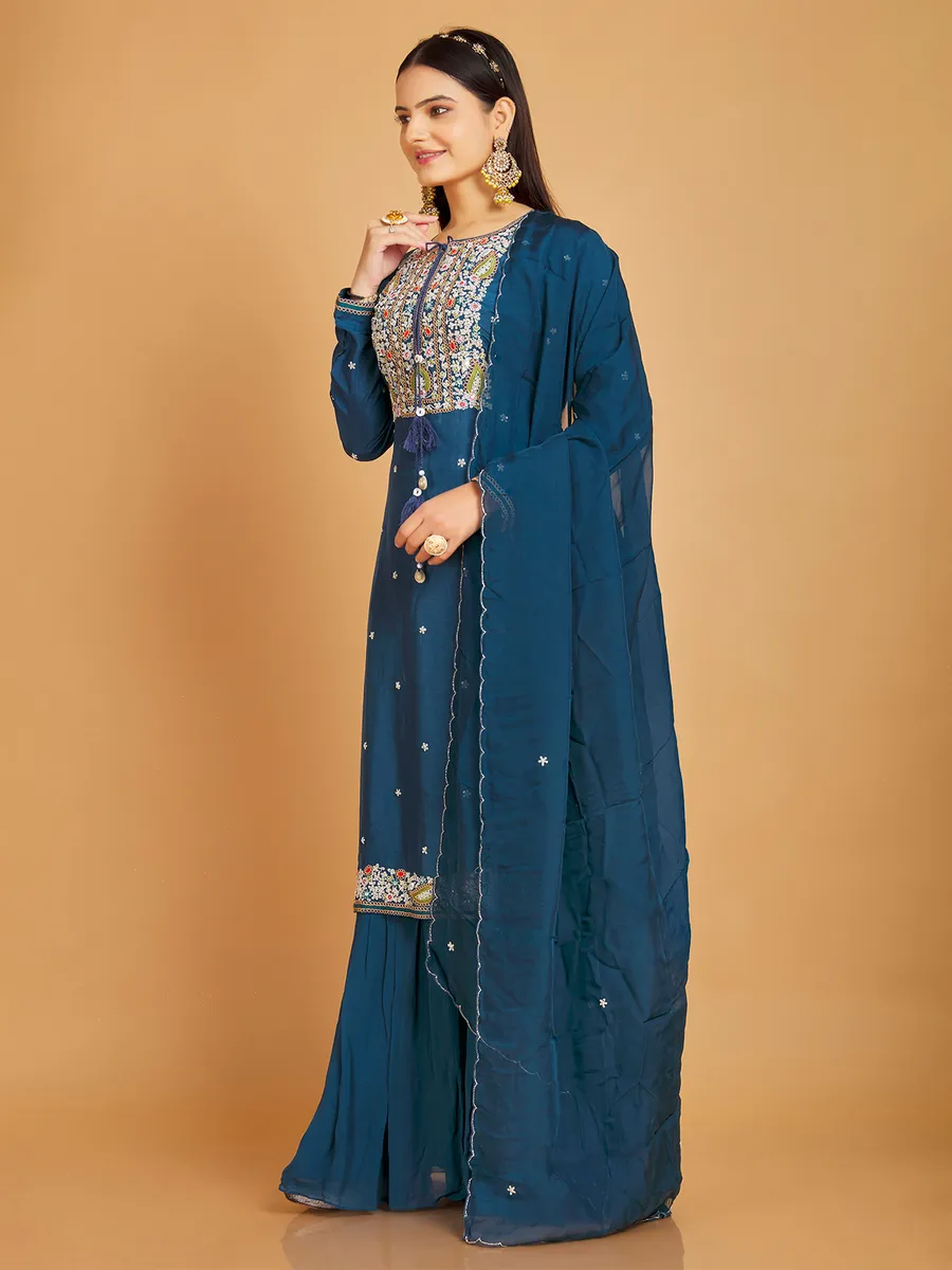 Silk wedding sharara suit in prussian blue