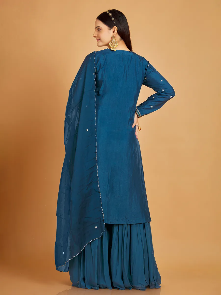 Silk wedding sharara suit in prussian blue