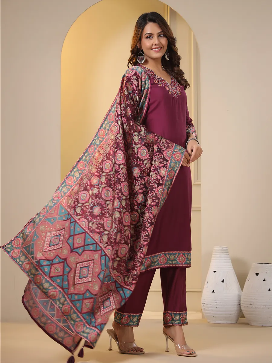 Silk wine kurti set with printed dupatta