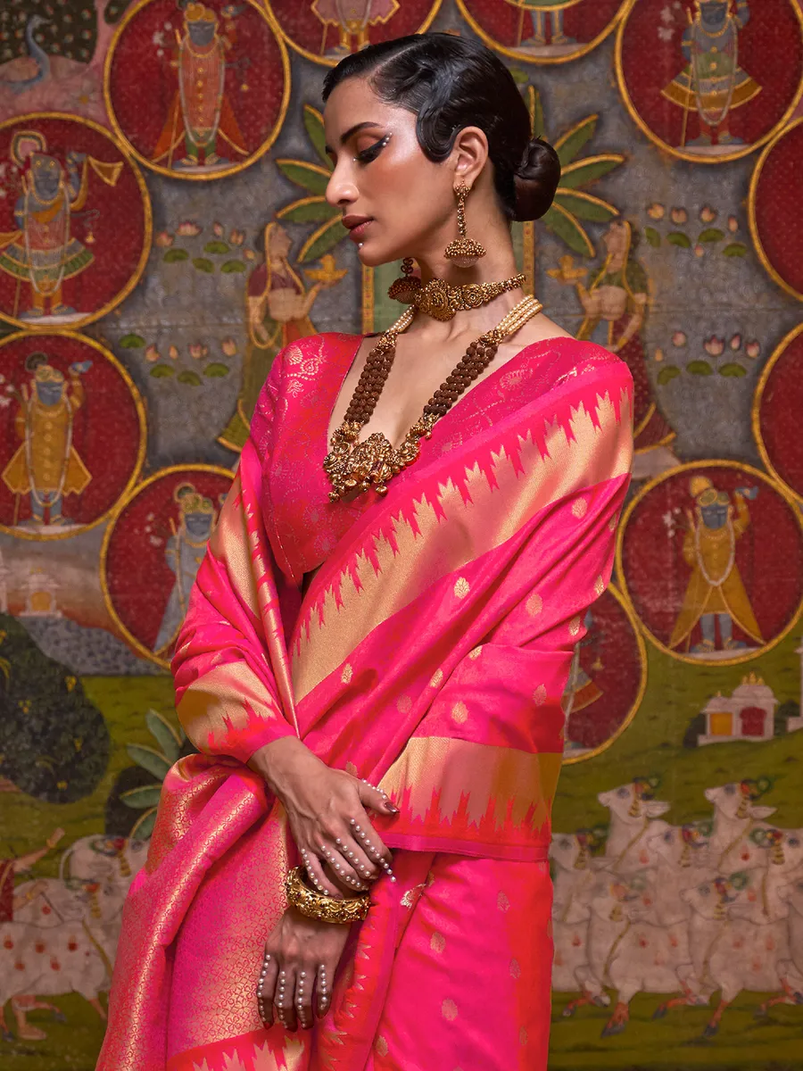 Silk zari weaving bright pink saree