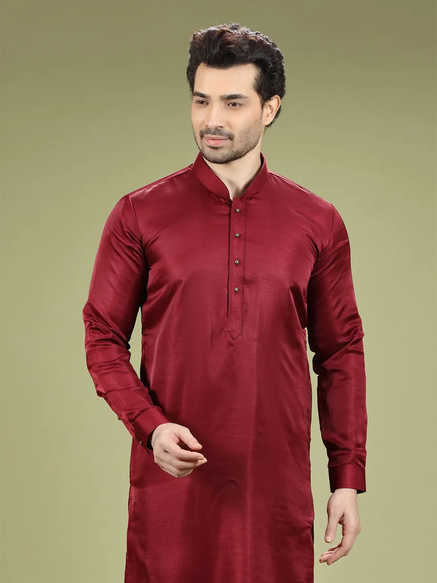 Simple maroon plain silk  Men Kurta pajama