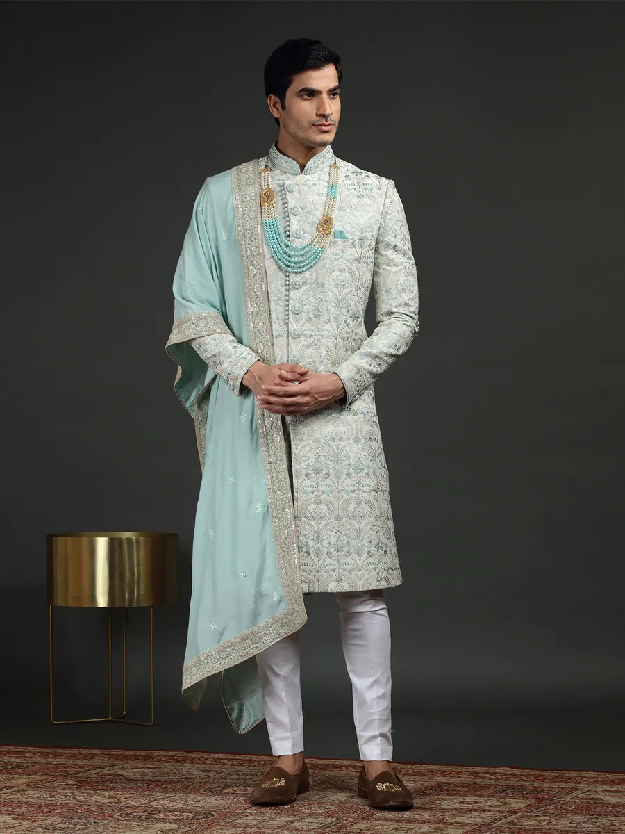 Sky blue and white silk groom sherwani