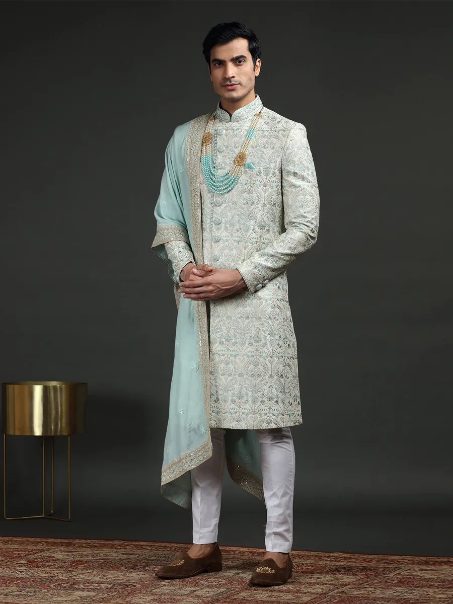 Sky blue and white silk groom sherwani