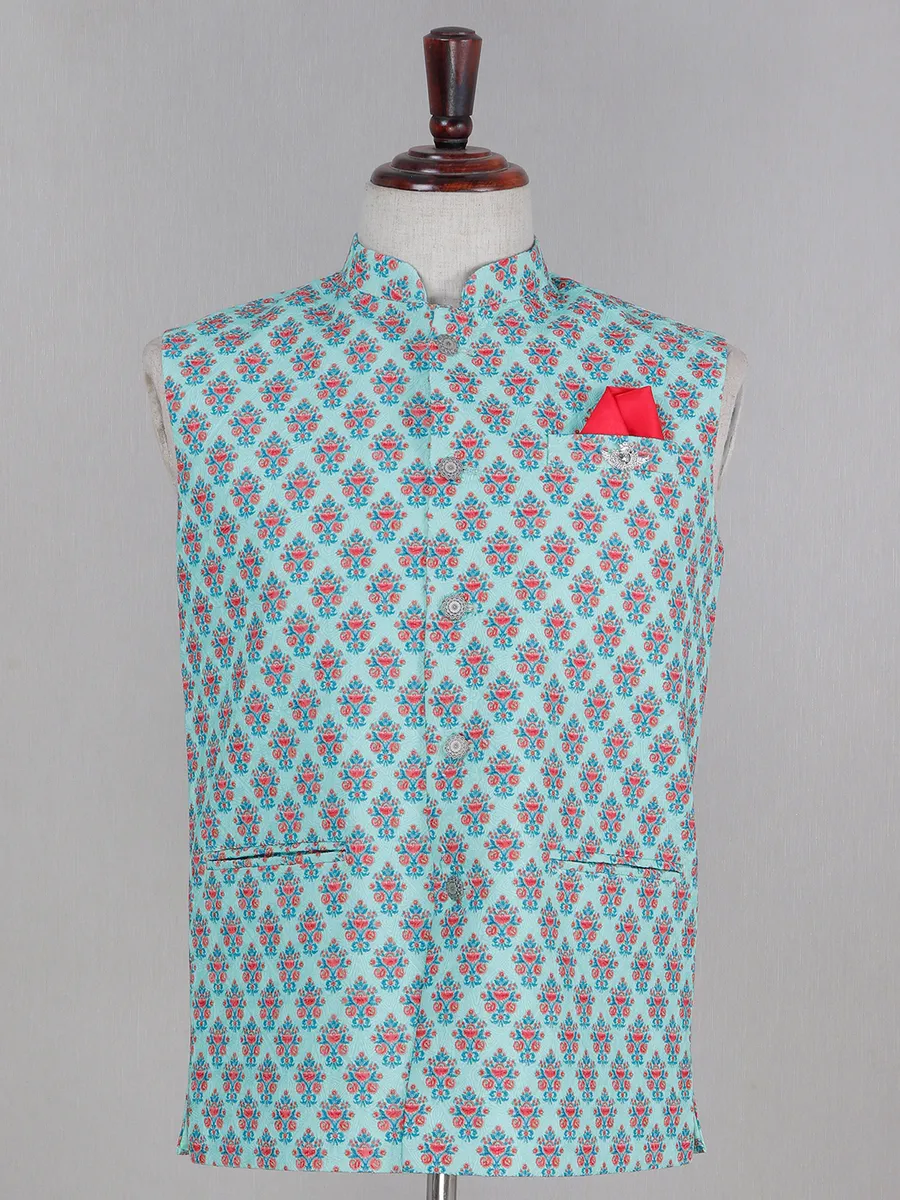 Sky blue color printed cotton silk waistcoat