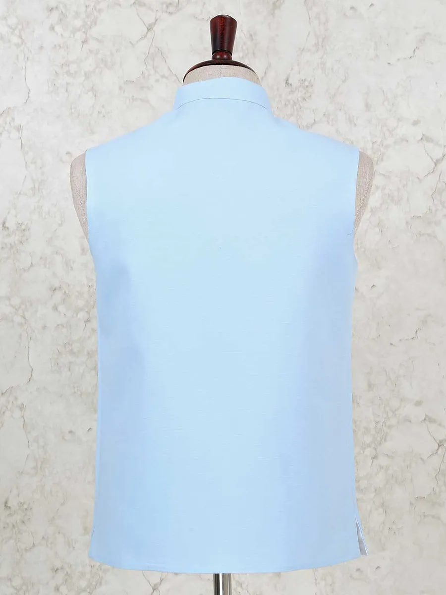 Sky blue color solid cotton silk waistcoat