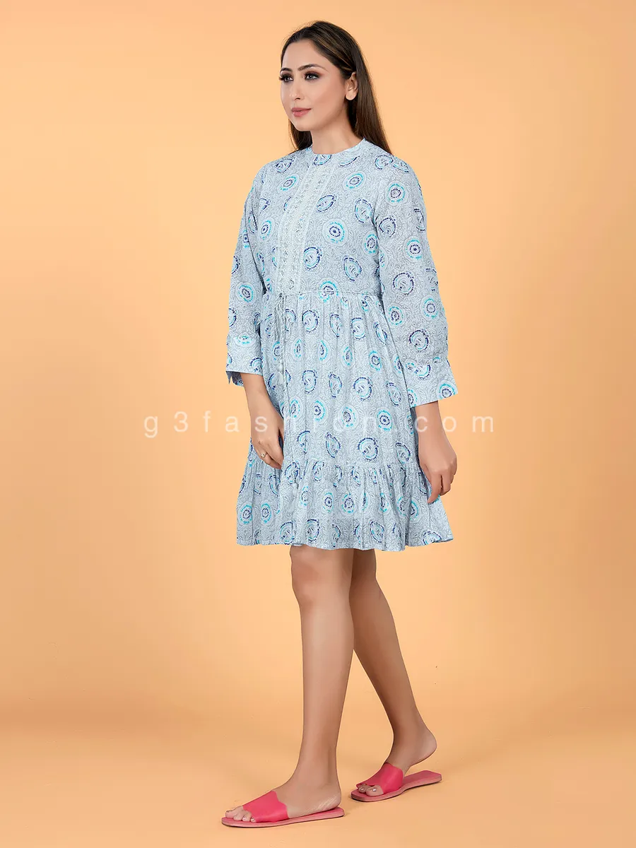 Sky blue cotton casual wear printed kurti