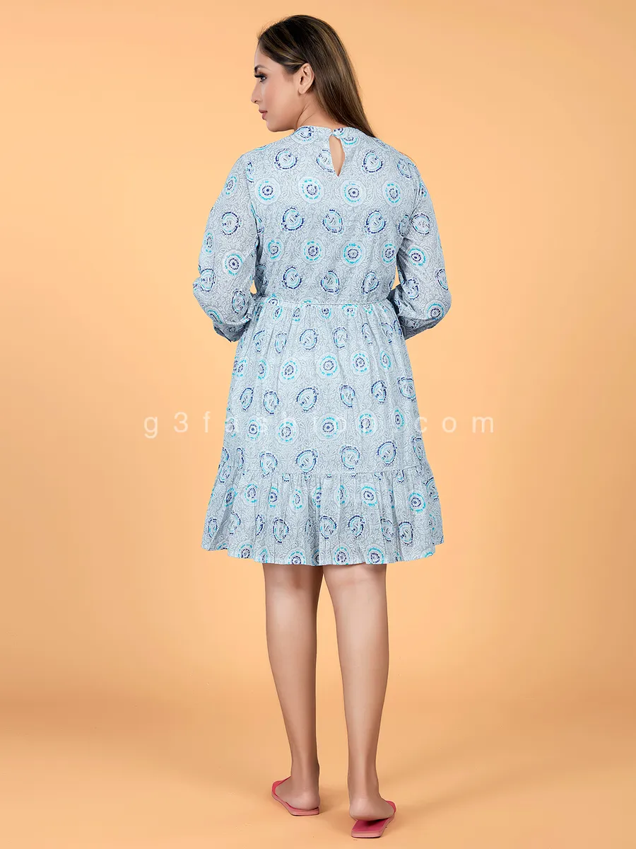 Sky blue cotton casual wear printed kurti