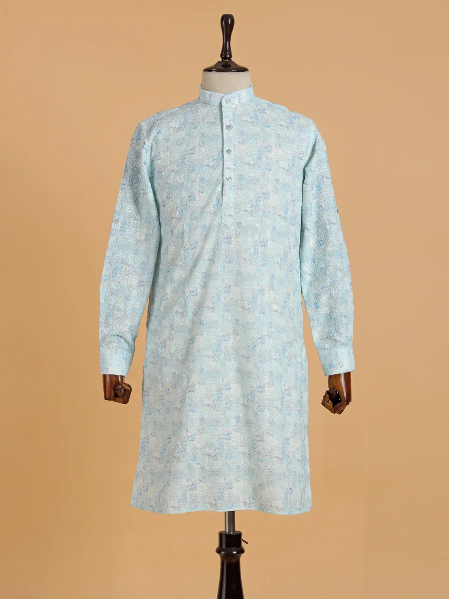 Sky blue cotton kurta with thread work-G3-MSP01357 | United States