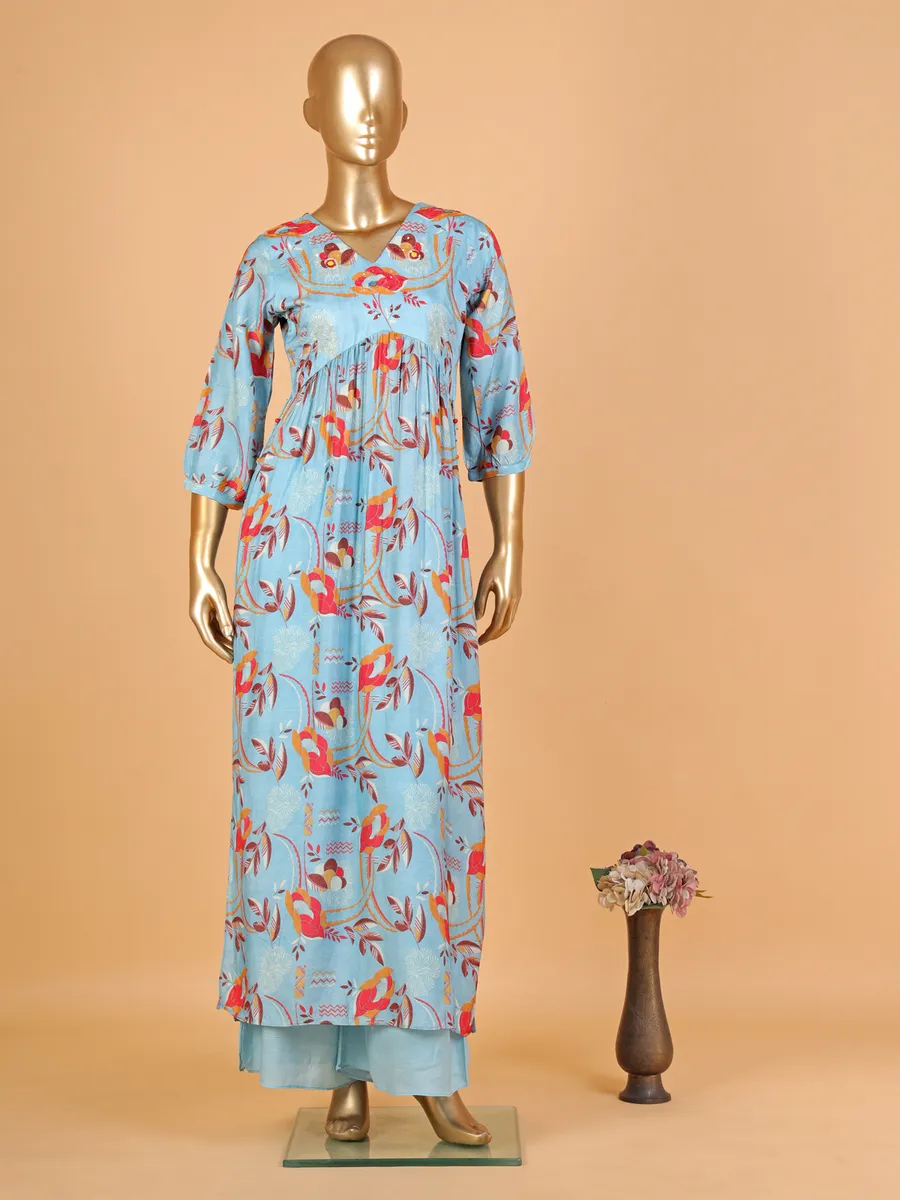 Sky blue cotton printed kurti with palazzo