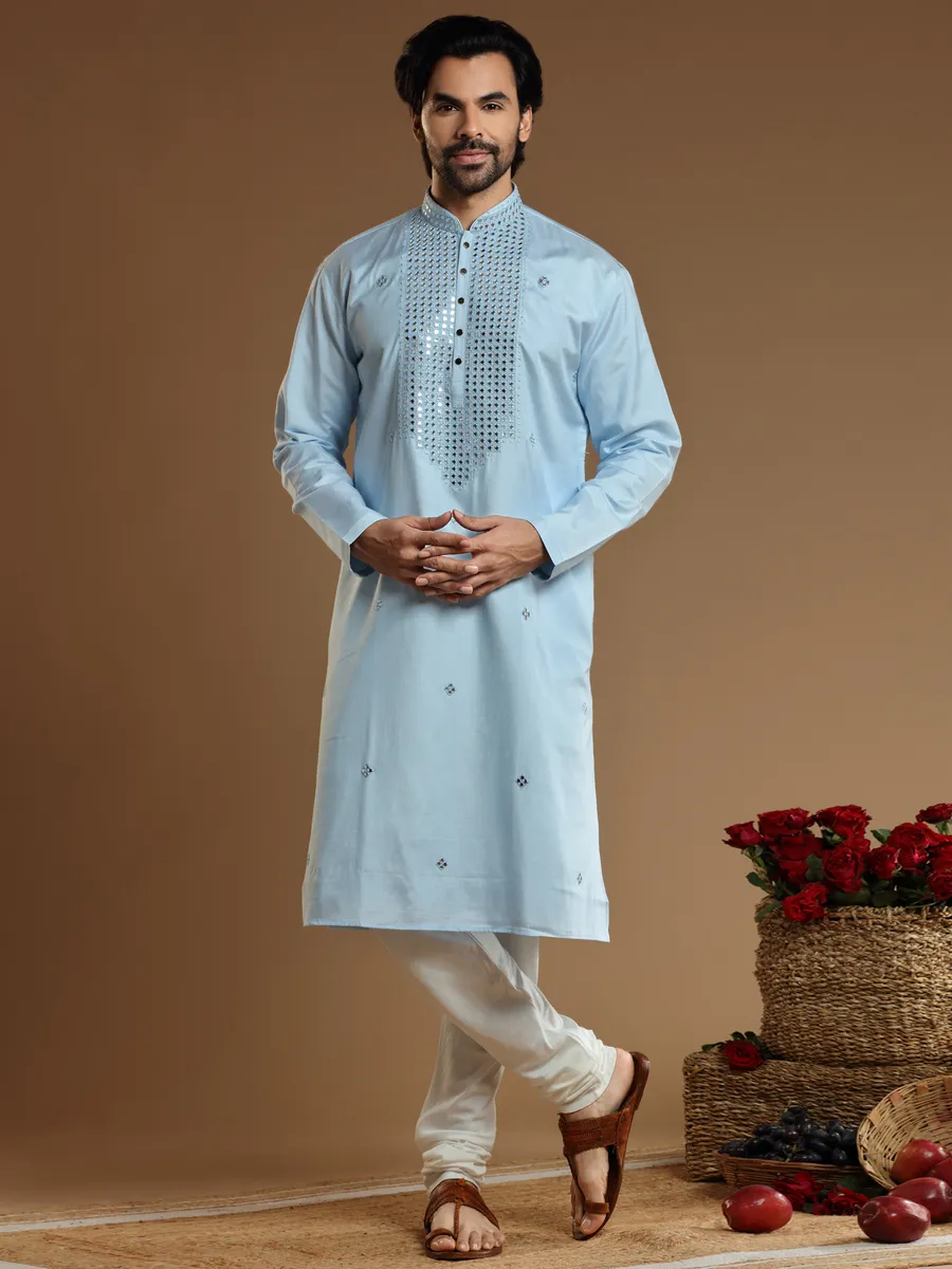 Sky blue cotton silk festive Kurta Set for Men