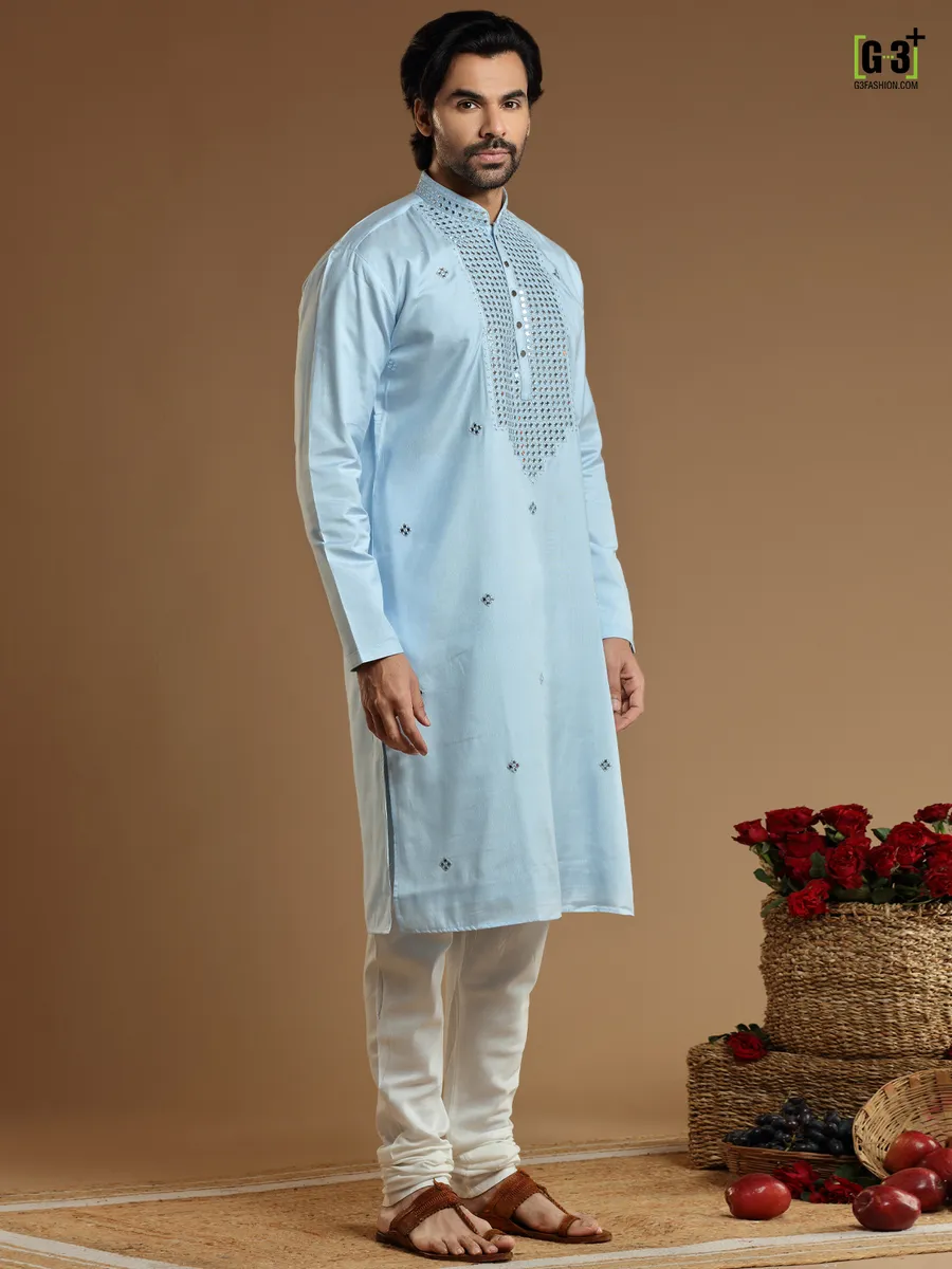 Sky blue cotton silk festive kurta suit for men