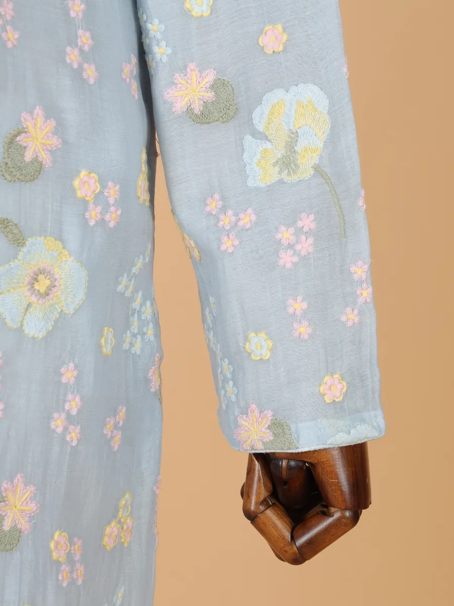 Sky blue cotton silk kurta suit in embroidery