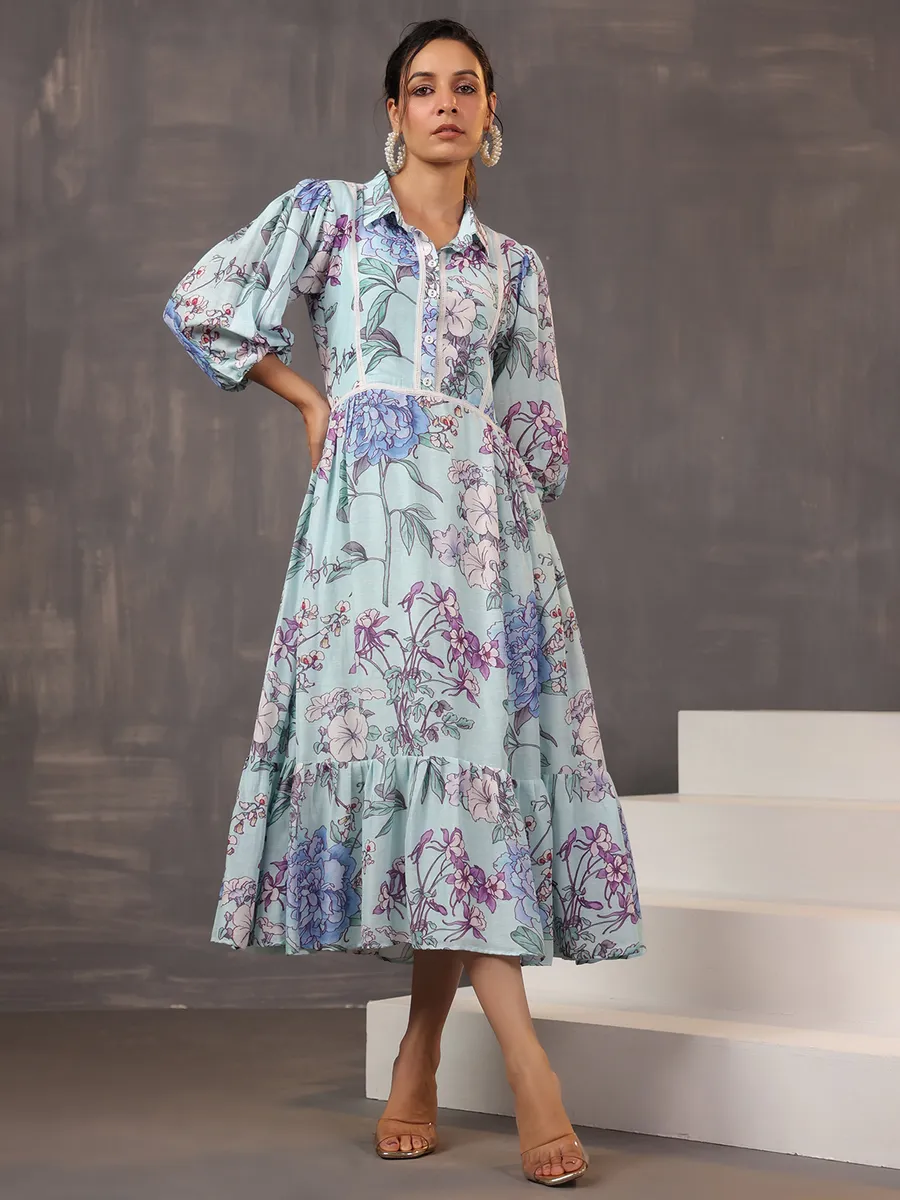 Sky blue cotton silk kurti with print