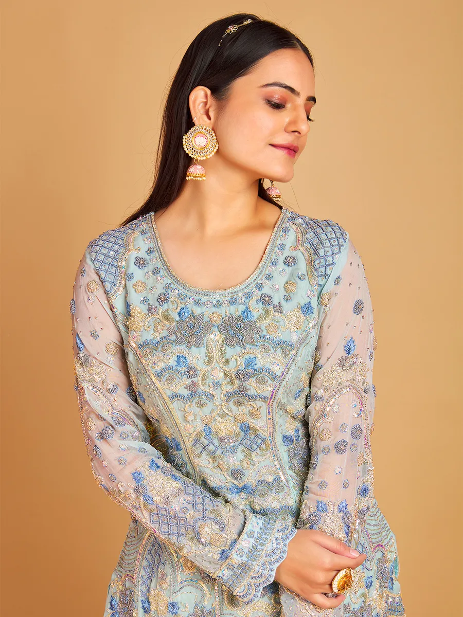 Sky blue georgette palazzo suit with dupatta