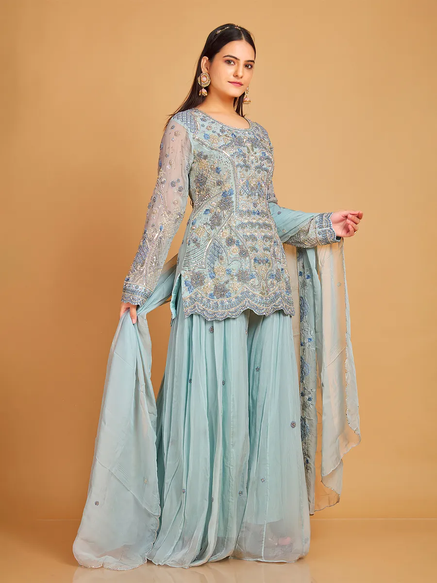 Sky blue georgette palazzo suit with dupatta