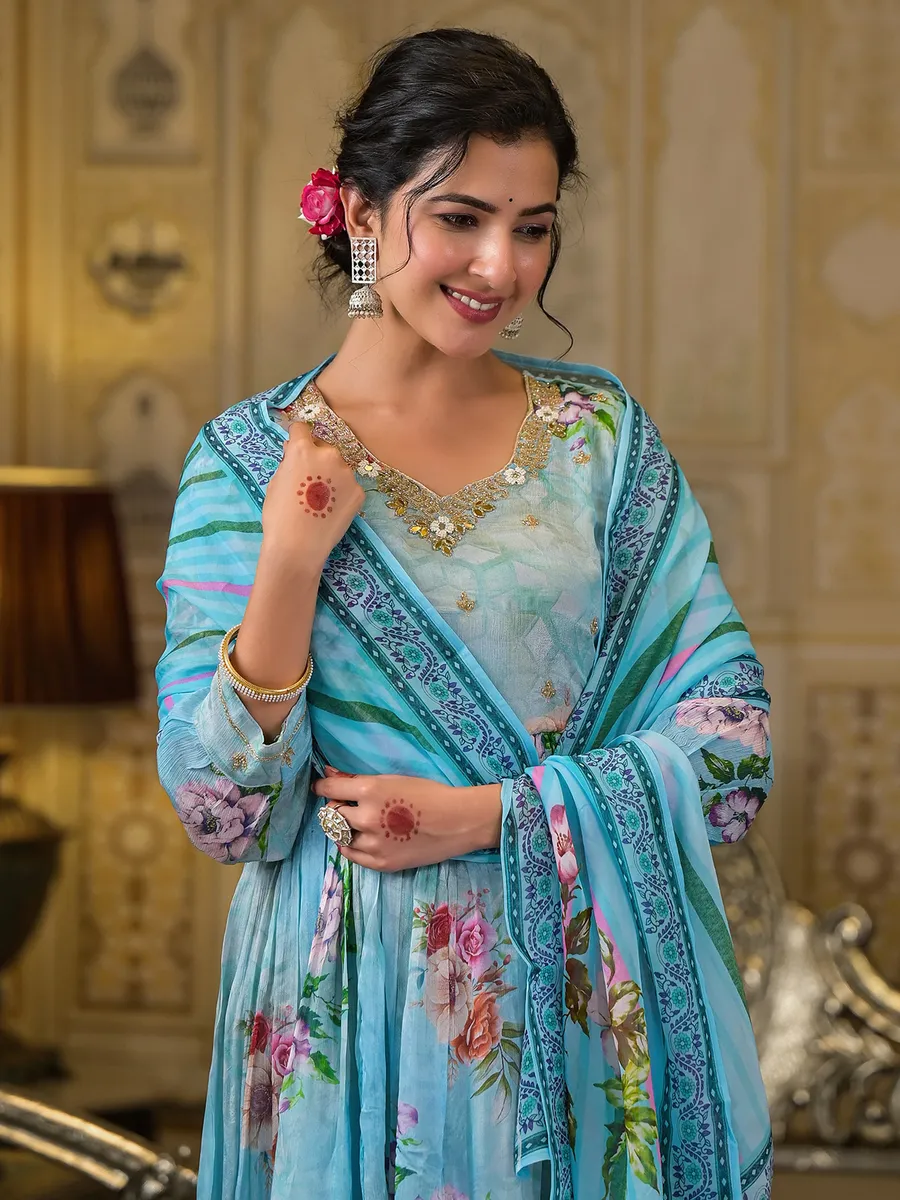 Sky blue georgette printed kurti set