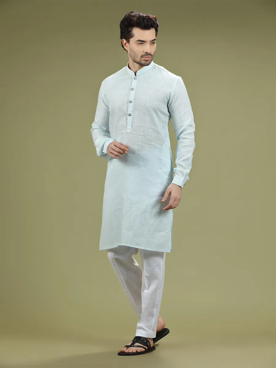 Sky blue linen full sleeves kurta suit