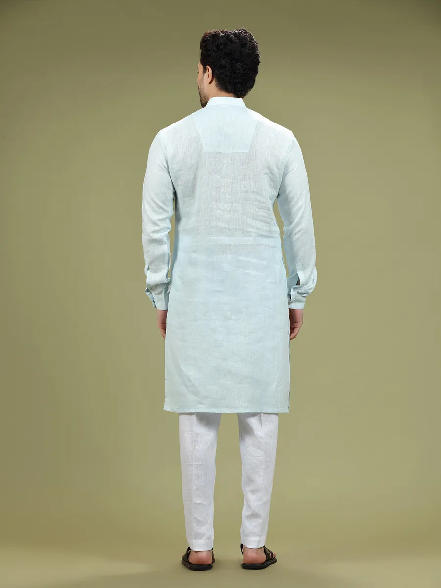 Sky blue linen full sleeves kurta suit