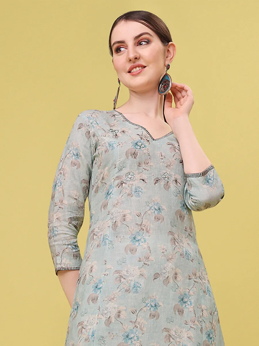 Sky blue printed casual linen kurti