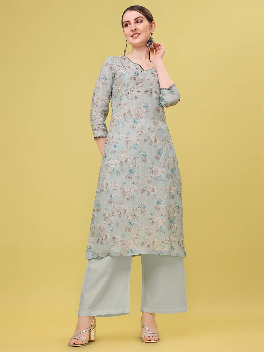 Sky blue printed casual linen kurti