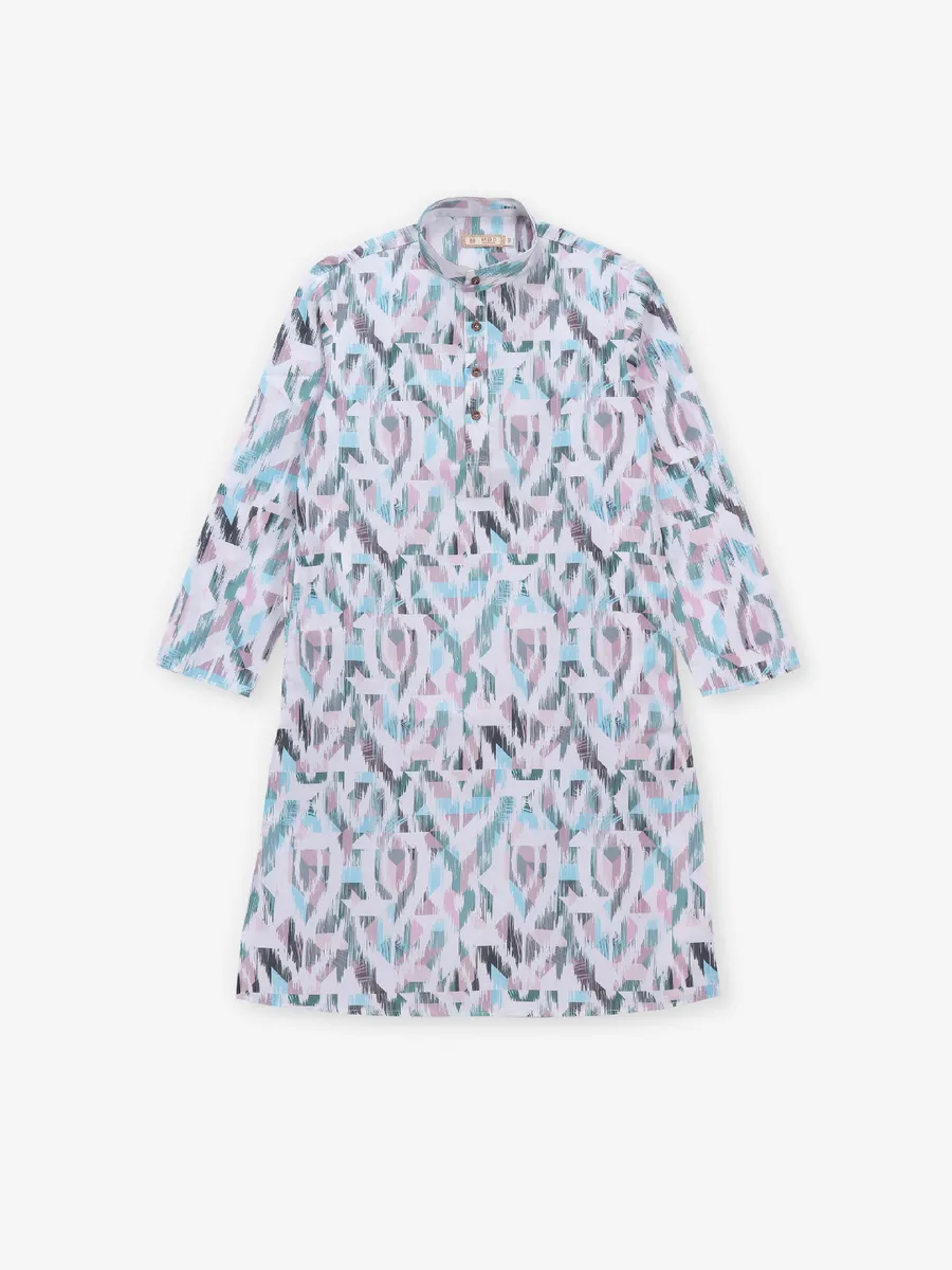 Sky blue printed cotton kurta set for boys