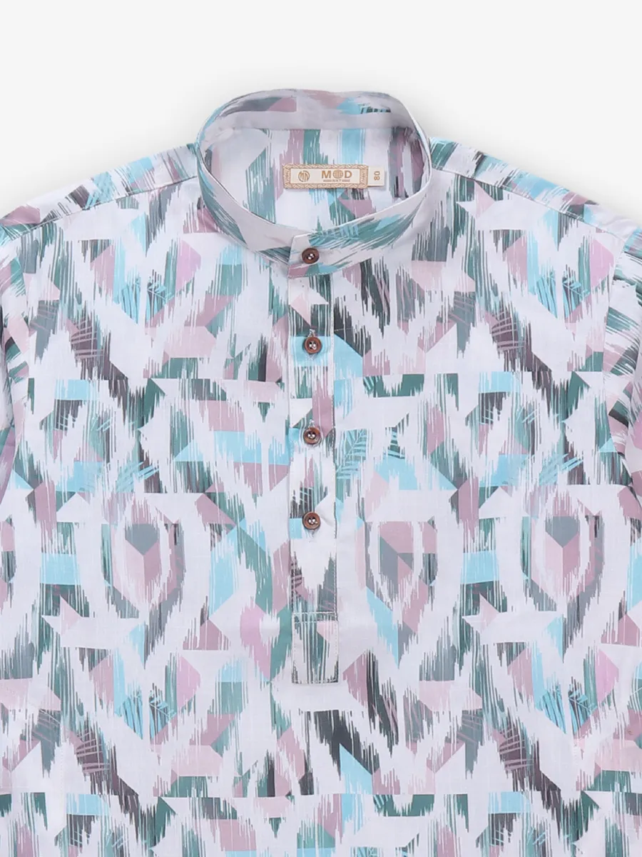 Sky blue printed cotton kurta set for boys