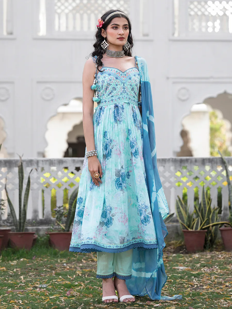 Sky blue printed cotton kurti set